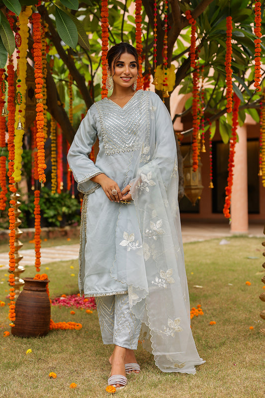 Powder Blue Organza Kurta Set with Intricate Gota Embroidered Dupatta