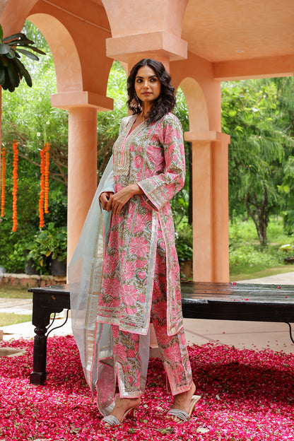 Pastel Blue & Pink Elegance Gota Handblock Cotton Suit Set with Dupatta