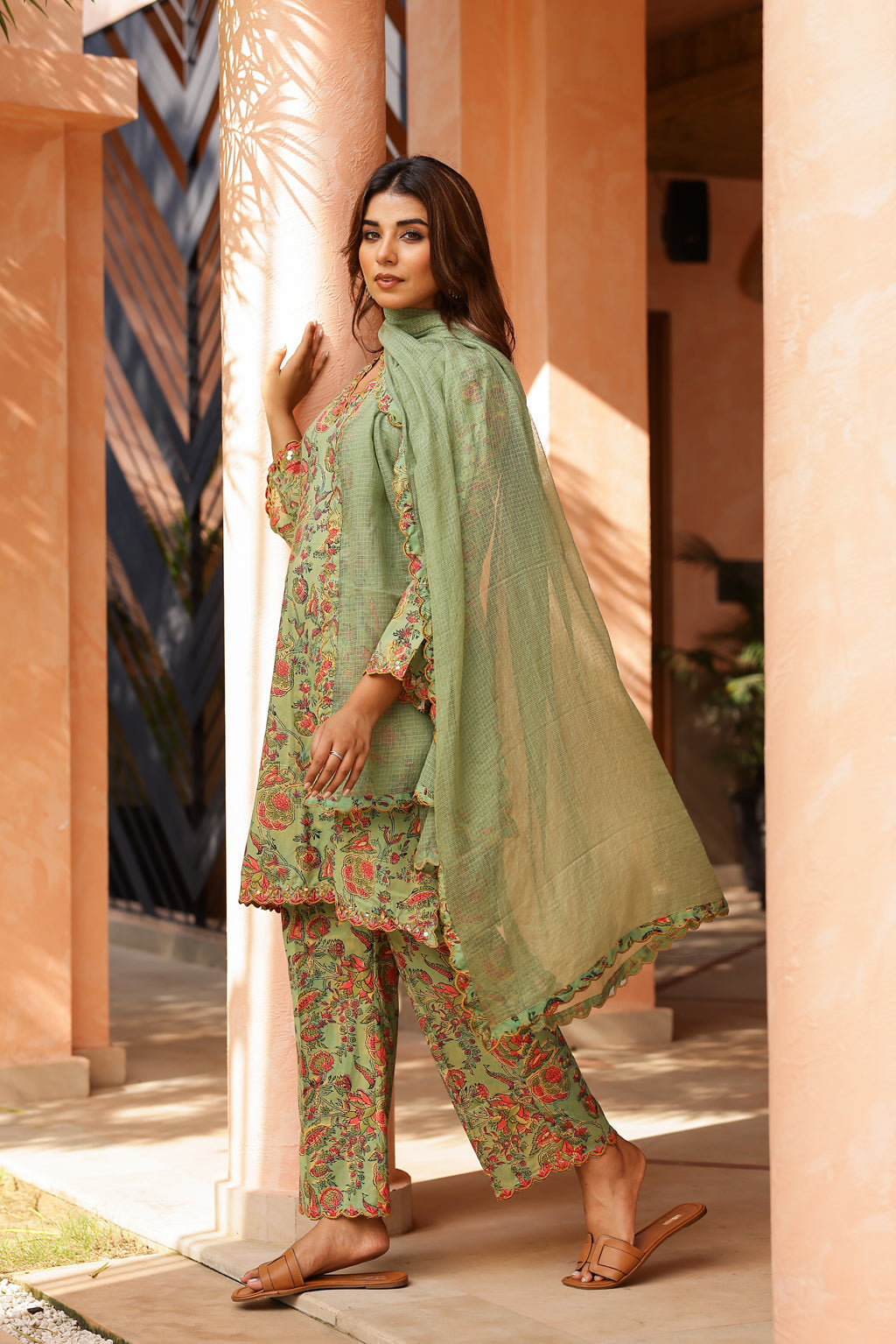 Sage Green Cotton Handblock Embroidered Kurta Set with Dupatta