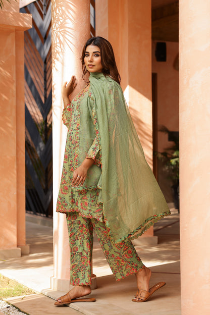 Sage Green Cotton Handblock Embroidered Kurta Set with Dupatta