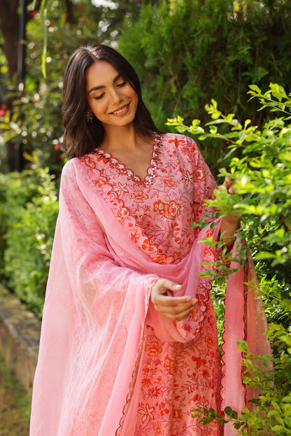 Powder Pink Blossom Cotton Handblock Embroidered Kurta Set with Dupatta