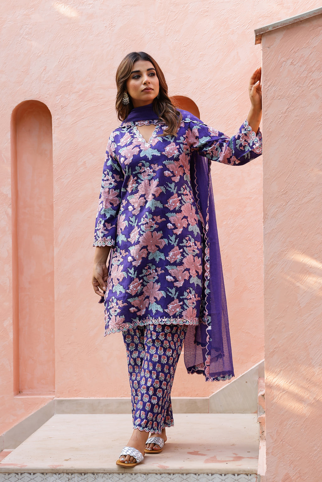 Royal Indigo Cotton Handblock Embroidered Kurta Set with Dupatta