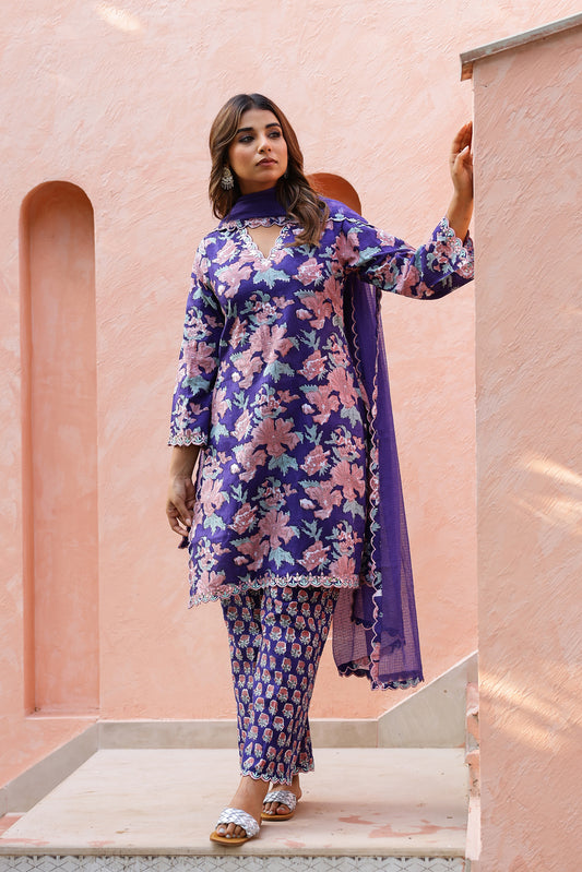 Royal Indigo Cotton Handblock Embroidered Kurta Set with Dupatta