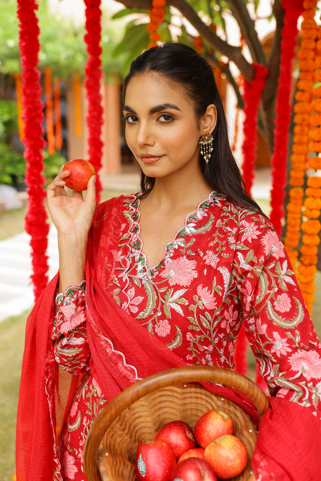Cherry Red Floral Cotton Handblock Embroidered Kurta Set with Dupatta