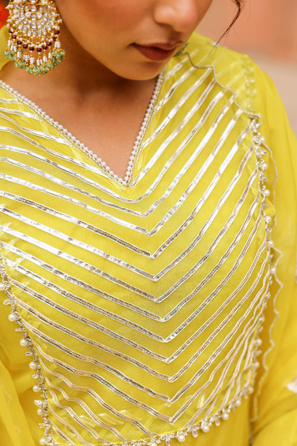 Golden Lime Organza Kurta Set with Intricate Gota Embroidered Dupatta