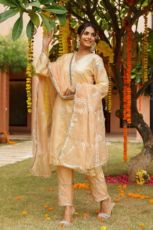 Blush Peach Organza Kurta Set with Gota Work and Dupatta