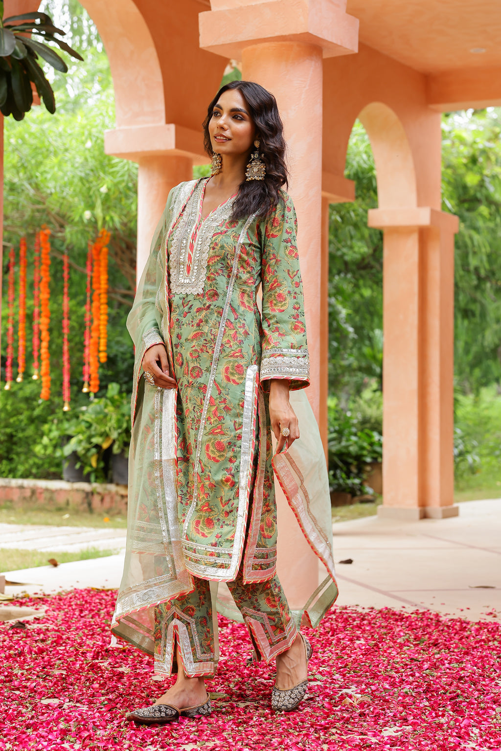 Sage Green Royal Festive Gota Handblock Cotton Suit Set with Dupatta