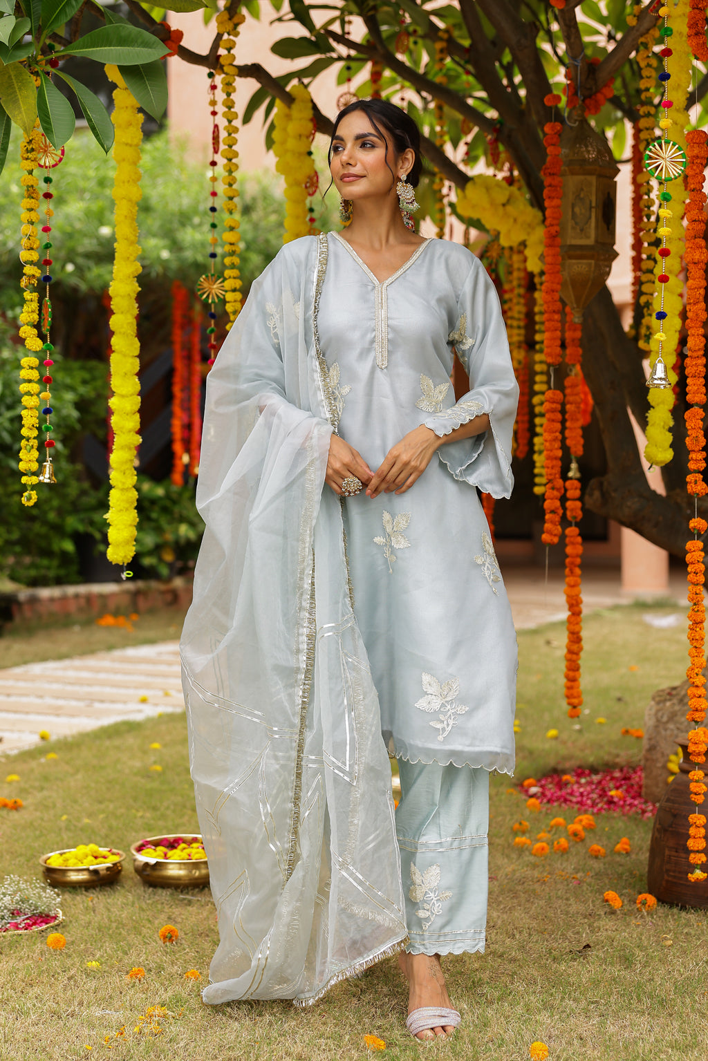 Powder Blue Organza Kurta Set with Gota Work and Dupatta