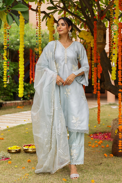Powder Blue Organza Kurta Set with Gota Work and Dupatta