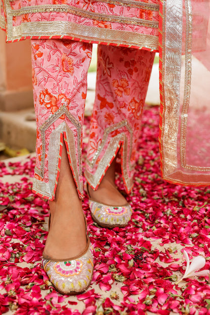 Powder Pink Festive Gota Handblock Cotton Suit Set with Dupatta