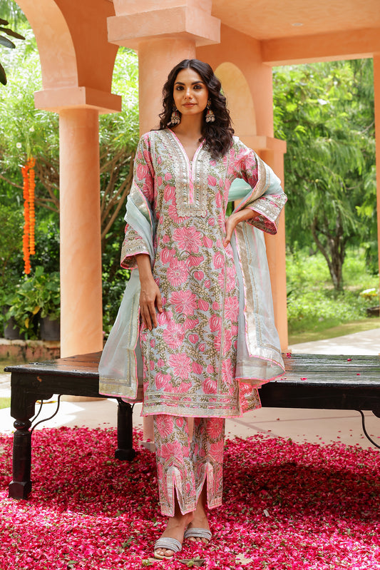 Pastel Blue & Pink Elegance Gota Handblock Cotton Suit Set with Dupatta