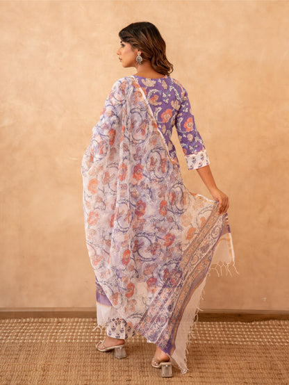 Lavender Floral Handblock Cotton Suit Set with Kota Doria Dupatta