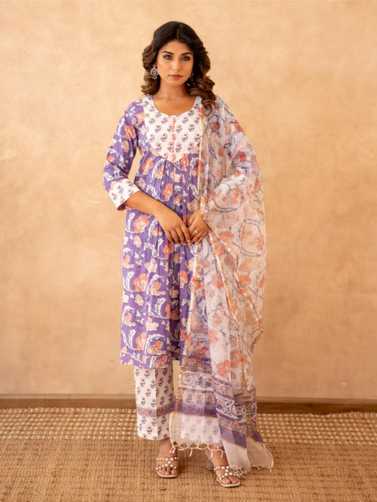 Lavender Floral Handblock Cotton Suit Set with Kota Doria Dupatta