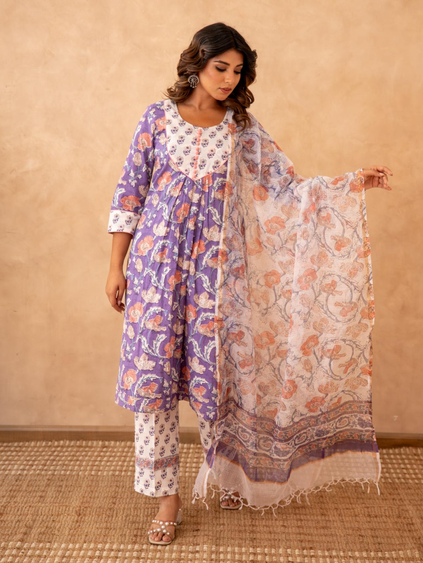 Lavender Floral Handblock Cotton Suit Set with Kota Doria Dupatta