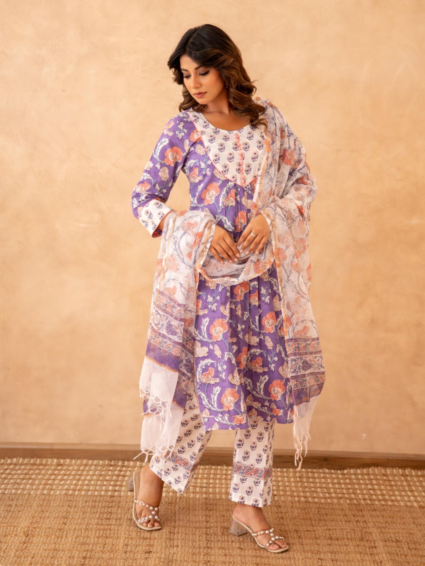 Lavender Floral Handblock Cotton Suit Set with Kota Doria Dupatta