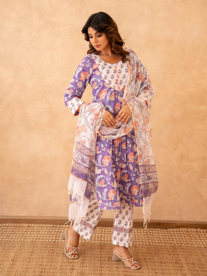 Lavender Floral Handblock Cotton Suit Set with Kota Doria Dupatta