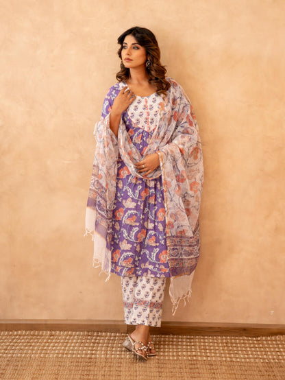 Lavender Floral Handblock Cotton Suit Set with Kota Doria Dupatta