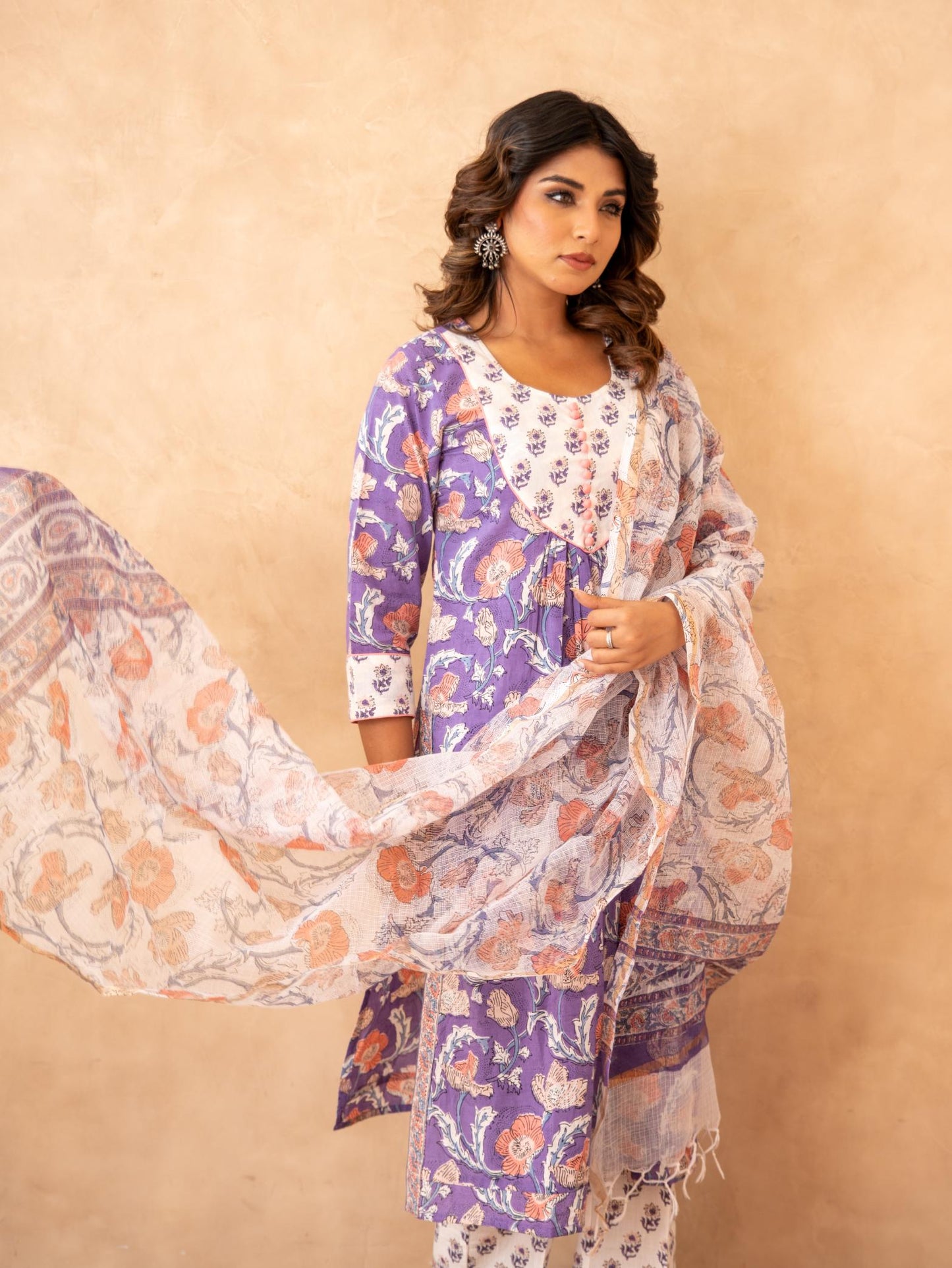 Lavender Floral Handblock Cotton Suit Set with Kota Doria Dupatta
