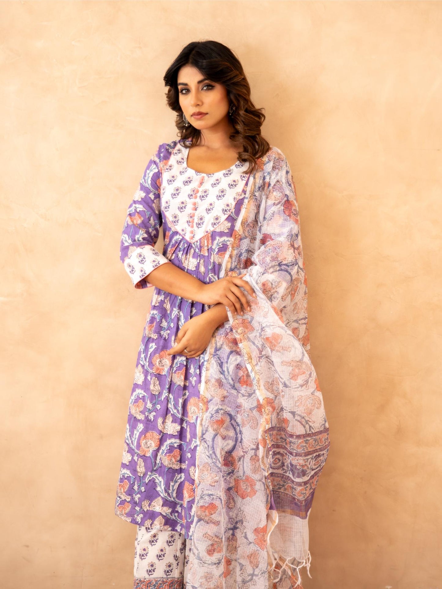 Lavender Floral Handblock Cotton Suit Set with Kota Doria Dupatta