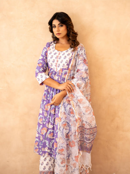 Lavender Floral Handblock Cotton Suit Set with Kota Doria Dupatta