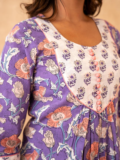 Lavender Floral Handblock Cotton Suit Set with Kota Doria Dupatta