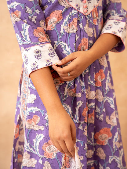 Lavender Floral Handblock Cotton Suit Set with Kota Doria Dupatta