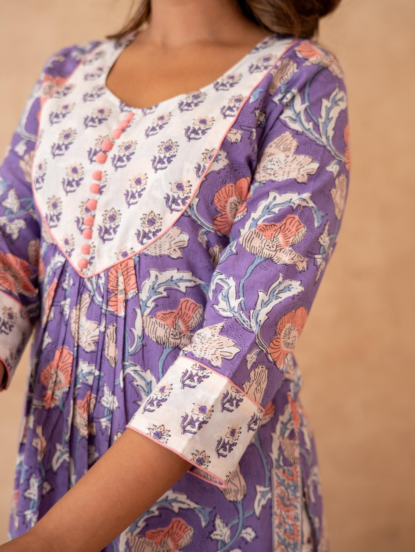 Lavender Floral Handblock Cotton Suit Set with Kota Doria Dupatta