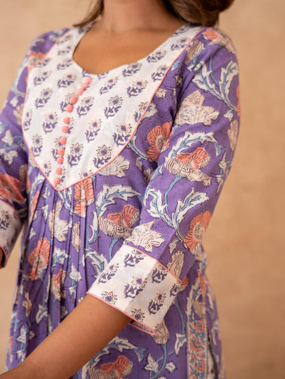 Lavender Floral Handblock Cotton Suit Set with Kota Doria Dupatta