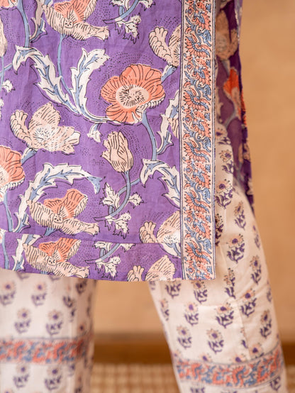 Lavender Floral Handblock Cotton Suit Set with Kota Doria Dupatta