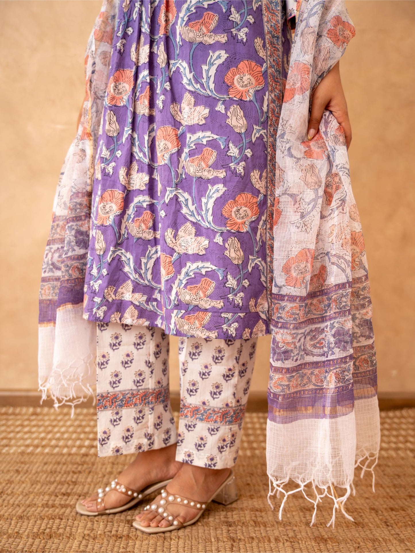 Lavender Floral Handblock Cotton Suit Set with Kota Doria Dupatta