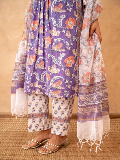 Lavender Floral Handblock Cotton Suit Set with Kota Doria Dupatta