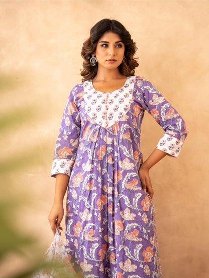 Lavender Floral Handblock Cotton Suit Set with Kota Doria Dupatta