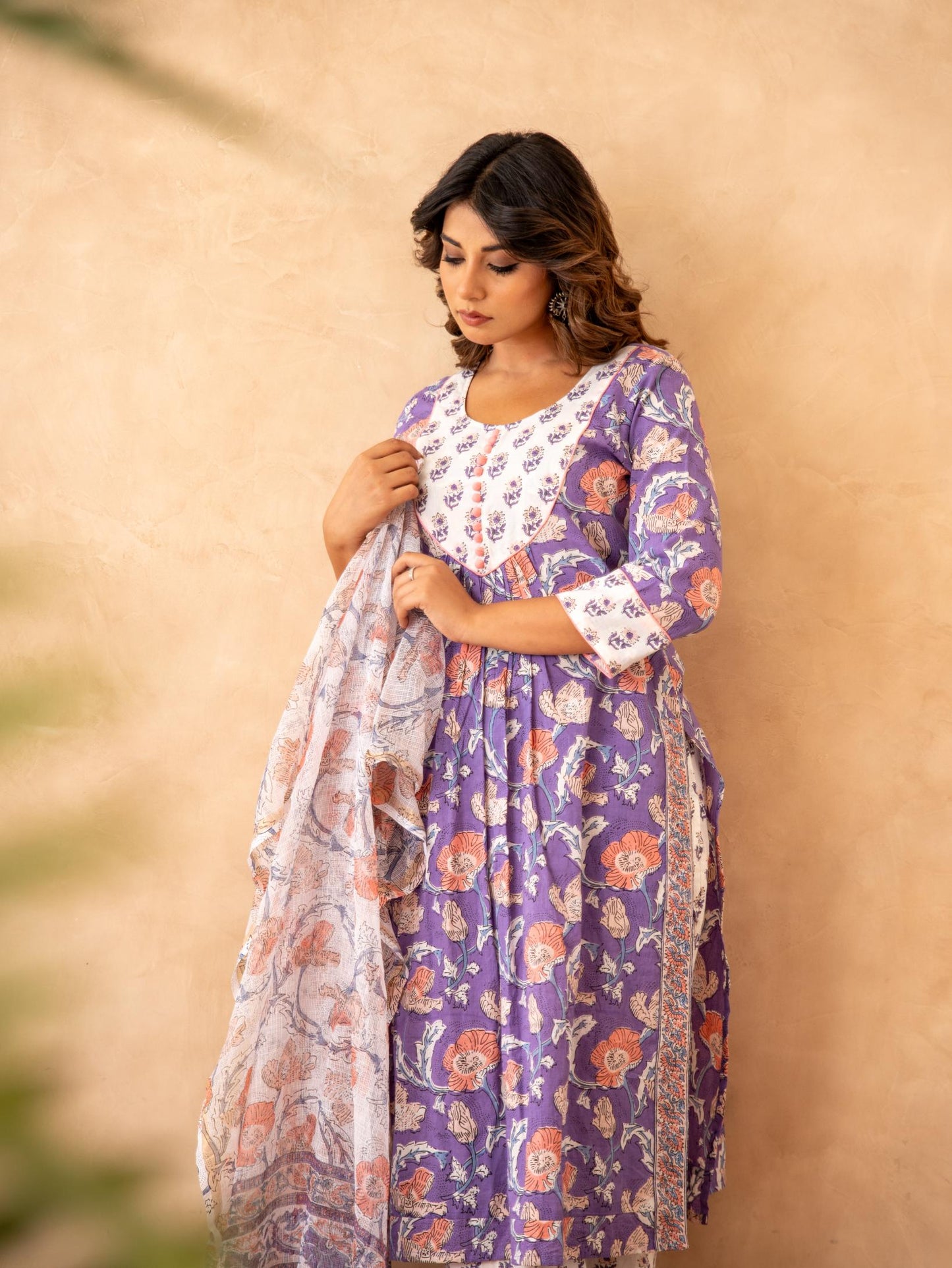 Lavender Floral Handblock Cotton Suit Set with Kota Doria Dupatta