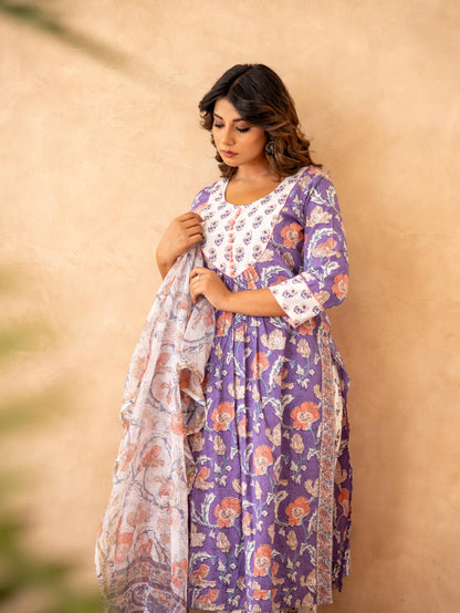Lavender Floral Handblock Cotton Suit Set with Kota Doria Dupatta