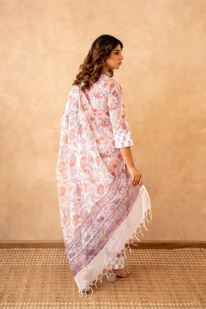 Blush Floral Handblock Cotton Suit Set with Kota Doria Dupatta