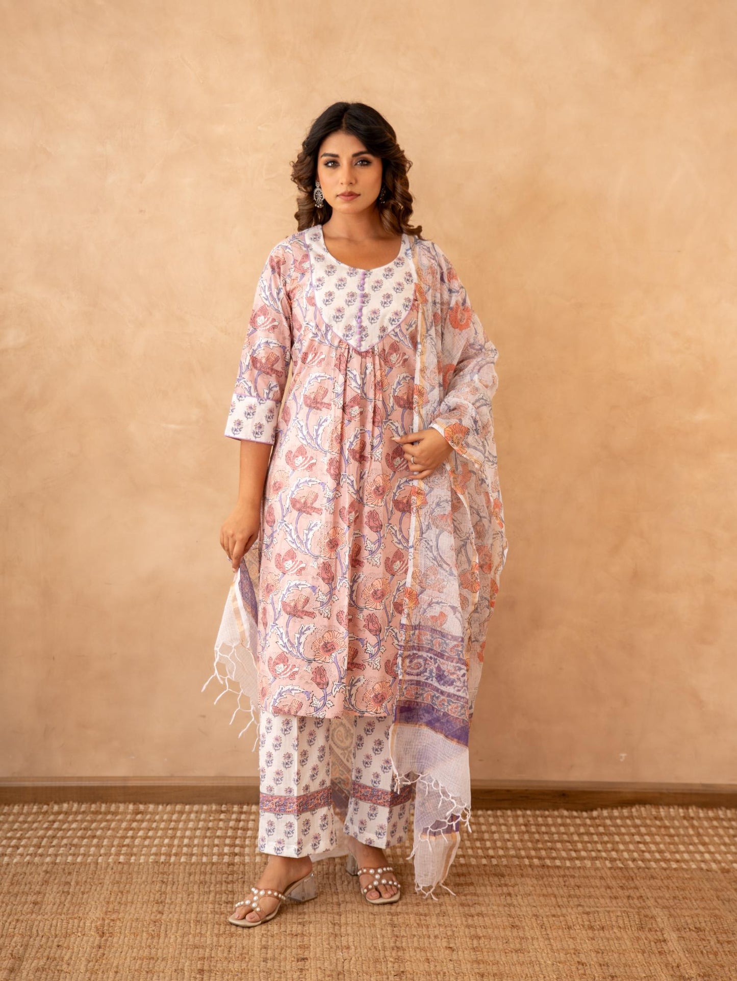 Blush Floral Handblock Cotton Suit Set with Kota Doria Dupatta