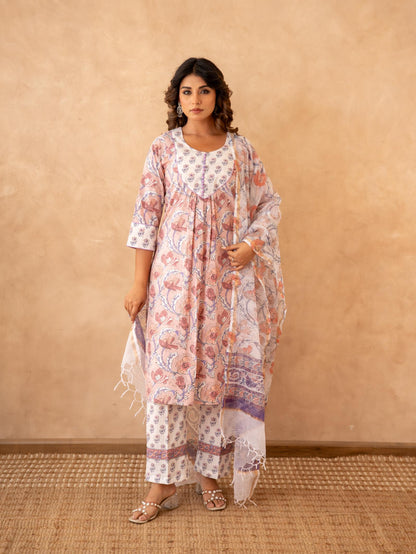 Blush Floral Handblock Cotton Suit Set with Kota Doria Dupatta