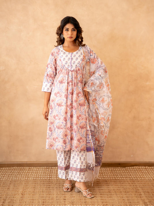 Blush Floral Handblock Cotton Suit Set with Kota Doria Dupatta