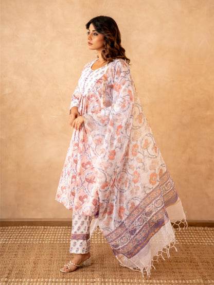 Blush Floral Handblock Cotton Suit Set with Kota Doria Dupatta