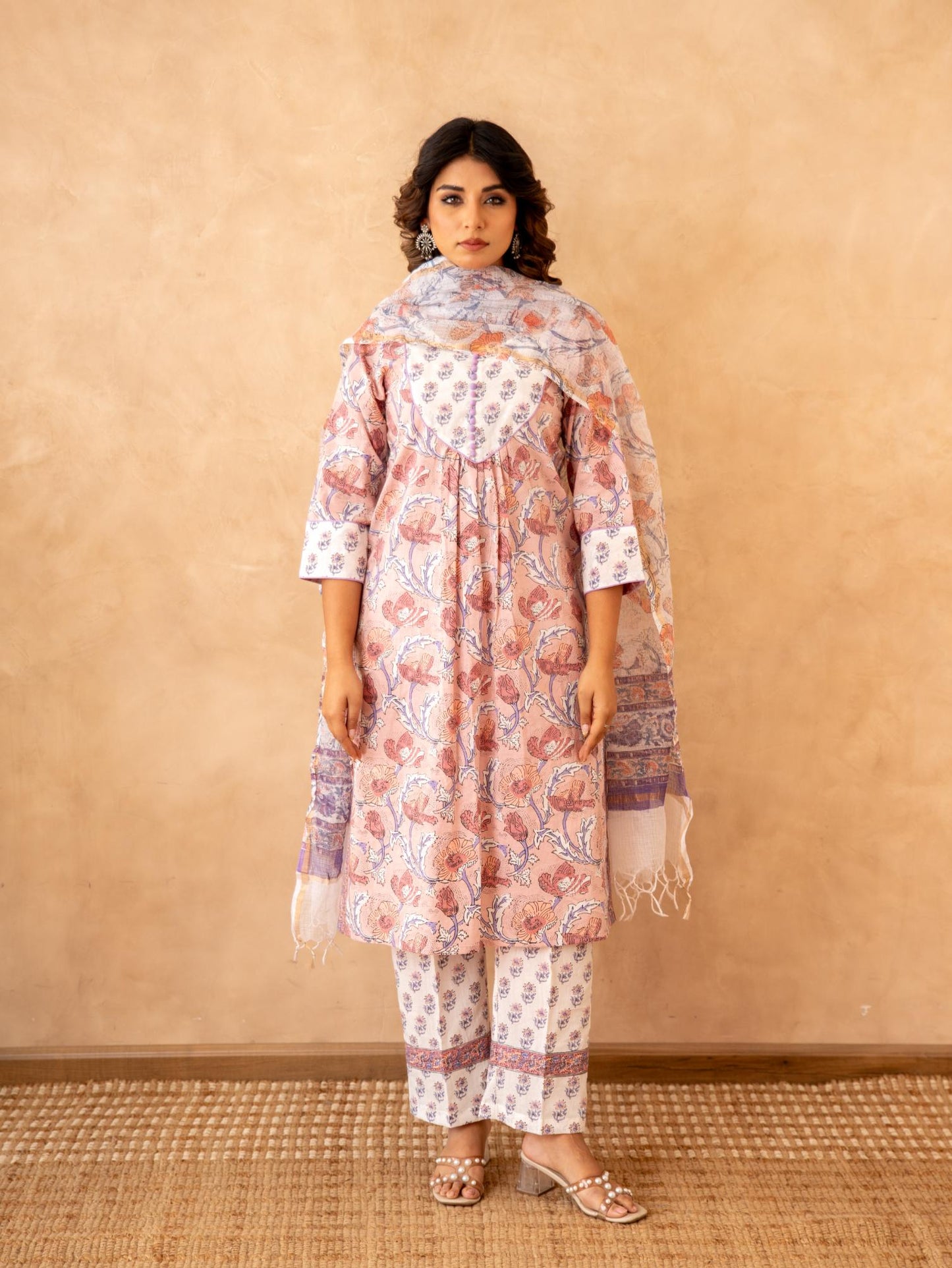 Blush Floral Handblock Cotton Suit Set with Kota Doria Dupatta