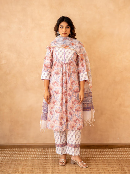 Blush Floral Handblock Cotton Suit Set with Kota Doria Dupatta