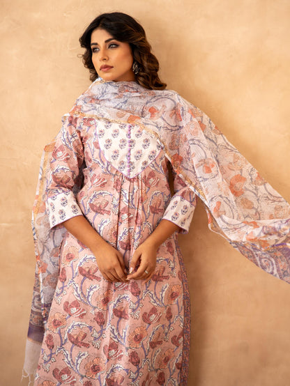 Blush Floral Handblock Cotton Suit Set with Kota Doria Dupatta