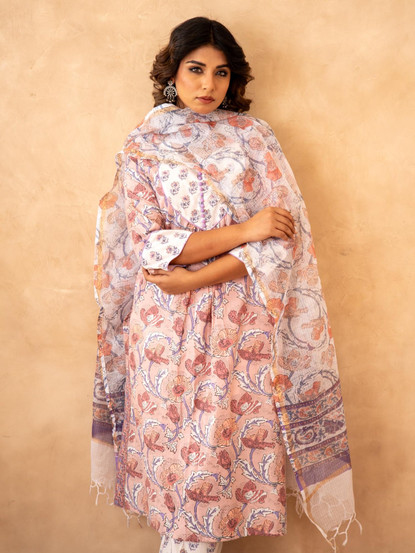 Blush Floral Handblock Cotton Suit Set with Kota Doria Dupatta