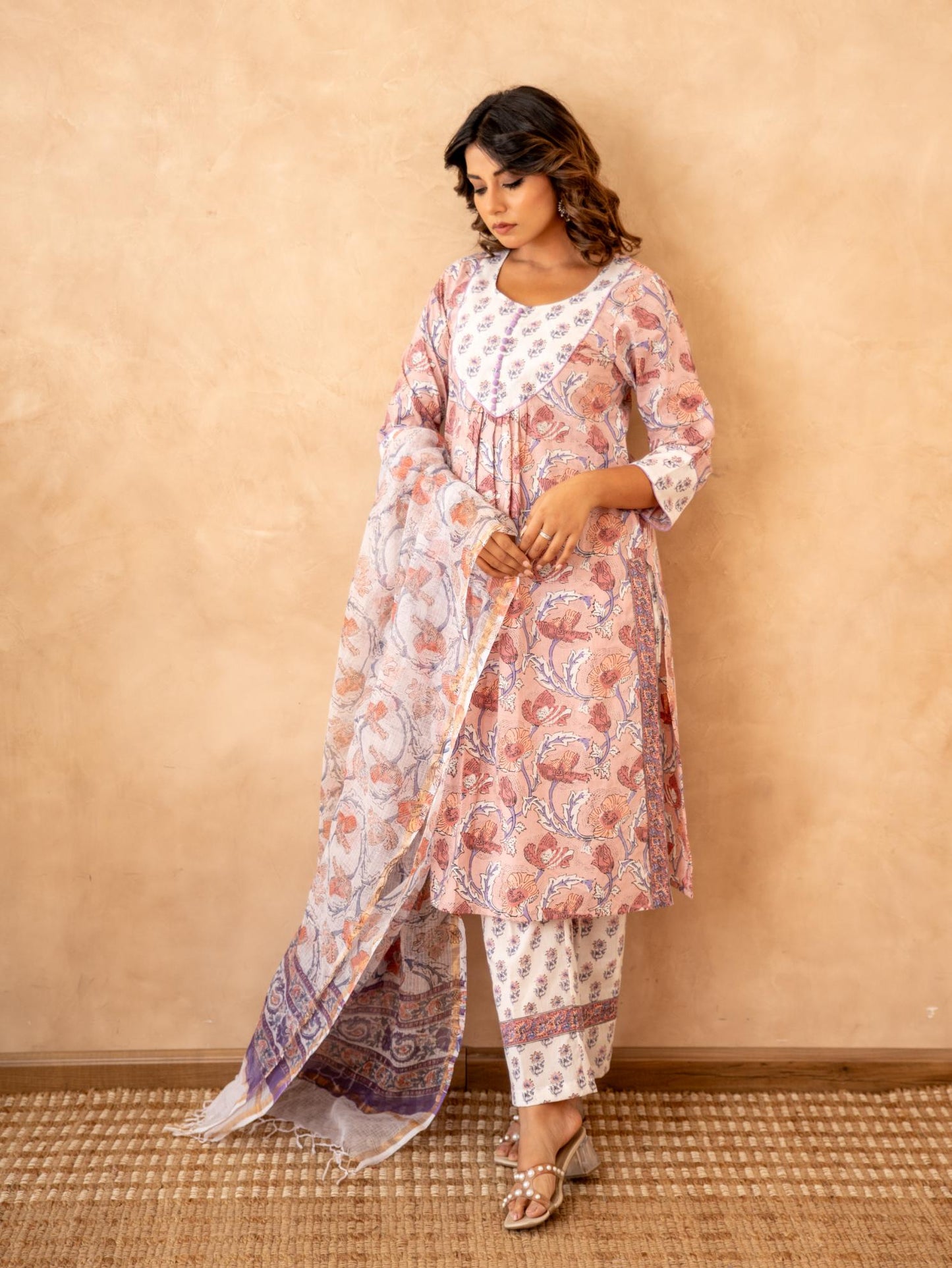 Blush Floral Handblock Cotton Suit Set with Kota Doria Dupatta