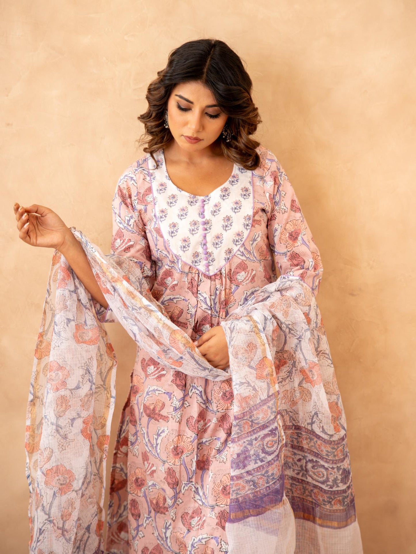 Blush Floral Handblock Cotton Suit Set with Kota Doria Dupatta