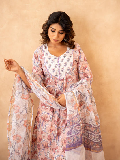 Blush Floral Handblock Cotton Suit Set with Kota Doria Dupatta