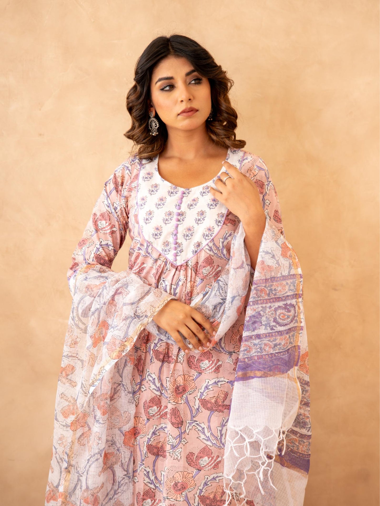 Blush Floral Handblock Cotton Suit Set with Kota Doria Dupatta