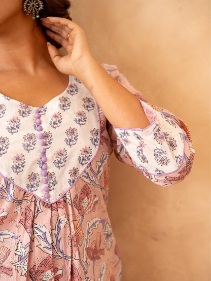 Blush Floral Handblock Cotton Suit Set with Kota Doria Dupatta