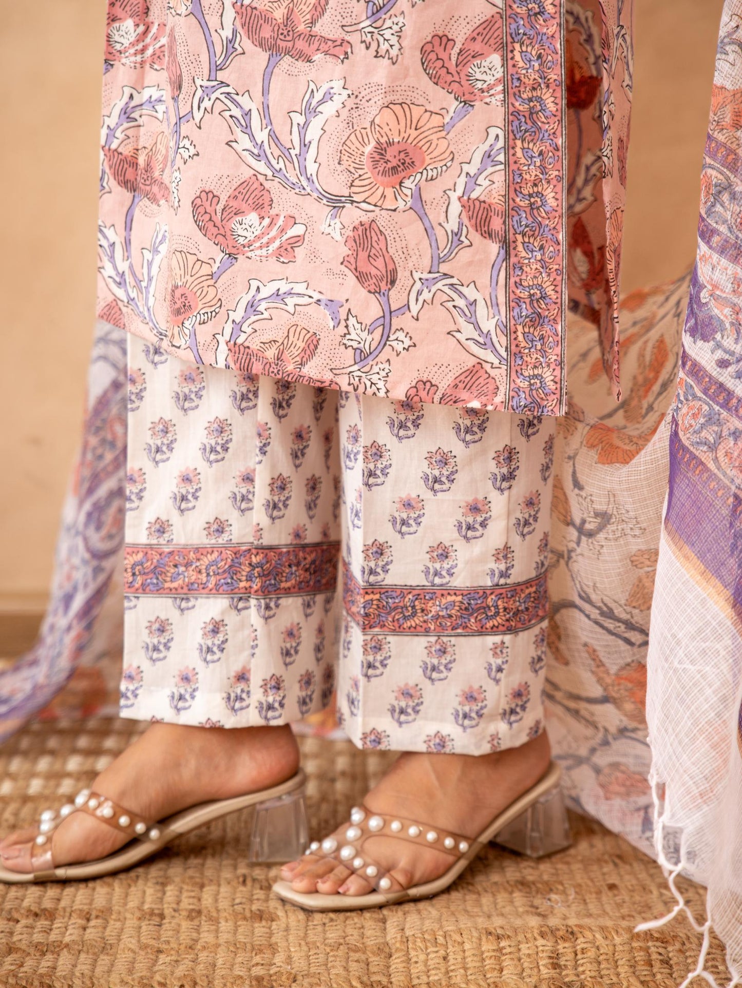 Blush Floral Handblock Cotton Suit Set with Kota Doria Dupatta
