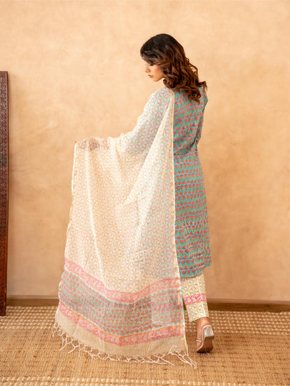 Teal Blossom Handblock Cotton Suit Set with Kota Doria Dupatta